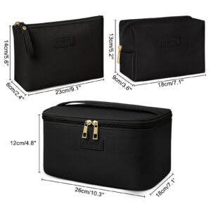 MAANGE Makeup Bag - Large Cosmetic Bag with 2pcs Small Makeup Bags Portable Leather Travel Makeup Bag Set Toiletry Bag Make Up Bags for Women and Girls (Black)