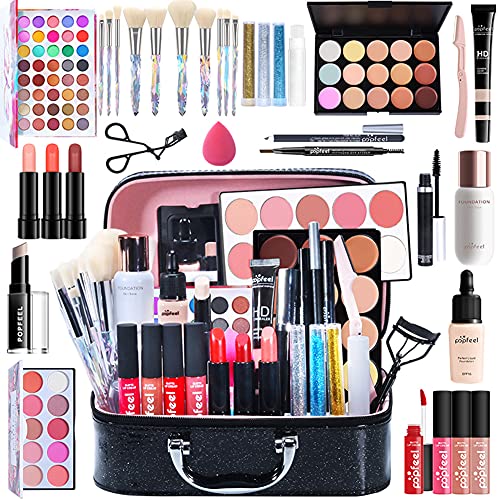 34PCs Makeup Gift Set All in One Bundle Women Full Kit Cosmetic Essential Starter Pro Brush Eyeshadow Palette Lipgloss Sets For Christmas Halloween