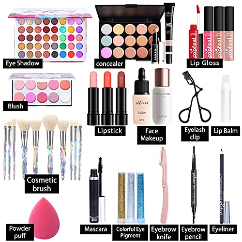 34PCs Makeup Gift Set All in One Bundle Women Full Kit Cosmetic Essential Starter Pro Brush Eyeshadow Palette Lipgloss Sets For Christmas Halloween