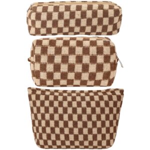 Large Capacity Makeup Bag Set - 3 Pieces Checkered Cosmetic Bag for Women Travel Makeup Bag Organizer Cute Makeup Brushes Storage Bag Travel Toiletry Bag Storage Bag for Women,Brown