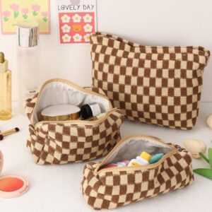 Large Capacity Makeup Bag Set - 3 Pieces Checkered Cosmetic Bag for Women Travel Makeup Bag Organizer Cute Makeup Brushes Storage Bag Travel Toiletry Bag Storage Bag for Women,Brown