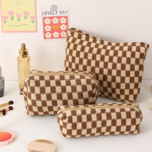 Large Capacity Makeup Bag Set - 3 Pieces Checkered Cosmetic Bag for Women Travel Makeup Bag Organizer Cute Makeup Brushes Storage Bag Travel Toiletry Bag Storage Bag for Women,Brown