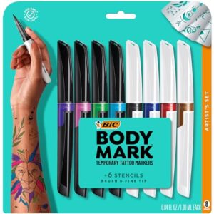 bic bodymark temporary tattoo markers for skin, artist's set, mixed tip, 8-count pack of assorted colors, skin-safe, cosmetic quality