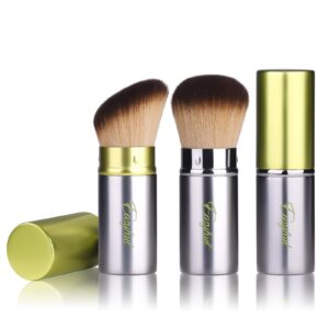 Retractable Kabuki Makeup Brushes 2 Pcs Blush Brushes Set Portable Powder Brushes with Flat and Angled Top for Liquid Cream Cosmetics Travel. (Silver Green)