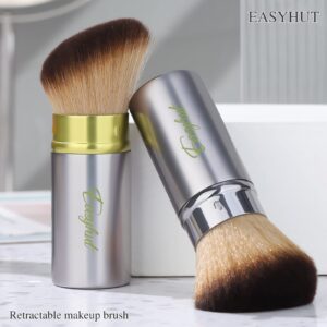 Retractable Kabuki Makeup Brushes 2 Pcs Blush Brushes Set Portable Powder Brushes with Flat and Angled Top for Liquid Cream Cosmetics Travel. (Silver Green)