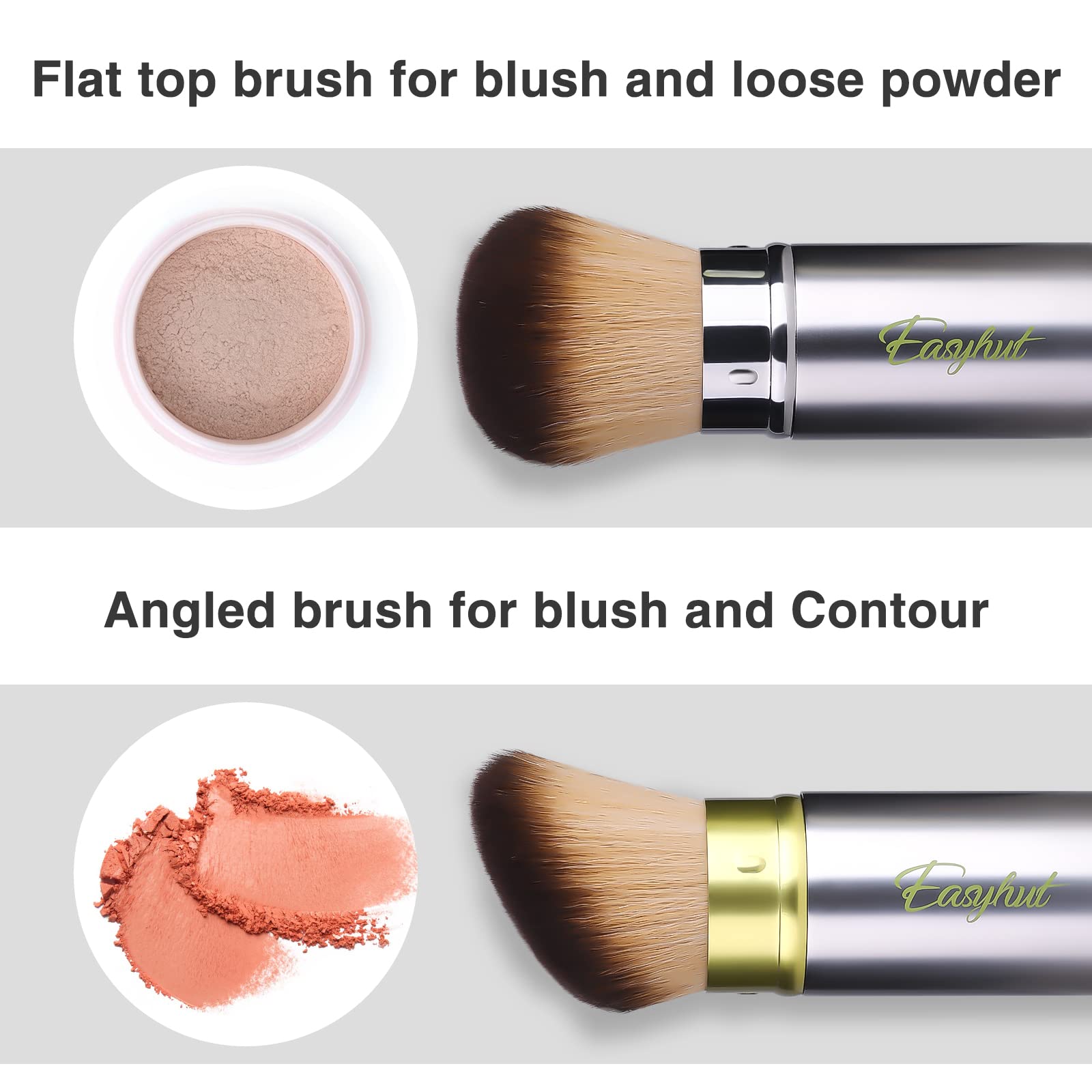 Retractable Kabuki Makeup Brushes 2 Pcs Blush Brushes Set Portable Powder Brushes with Flat and Angled Top for Liquid Cream Cosmetics Travel. (Silver Green)