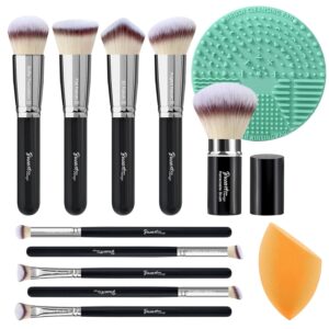 bueart design essential makeup brushes set with travel retractable powder brush vegan hair for foundation concealer eyeshadow face contour brush (10pcs pearl black)