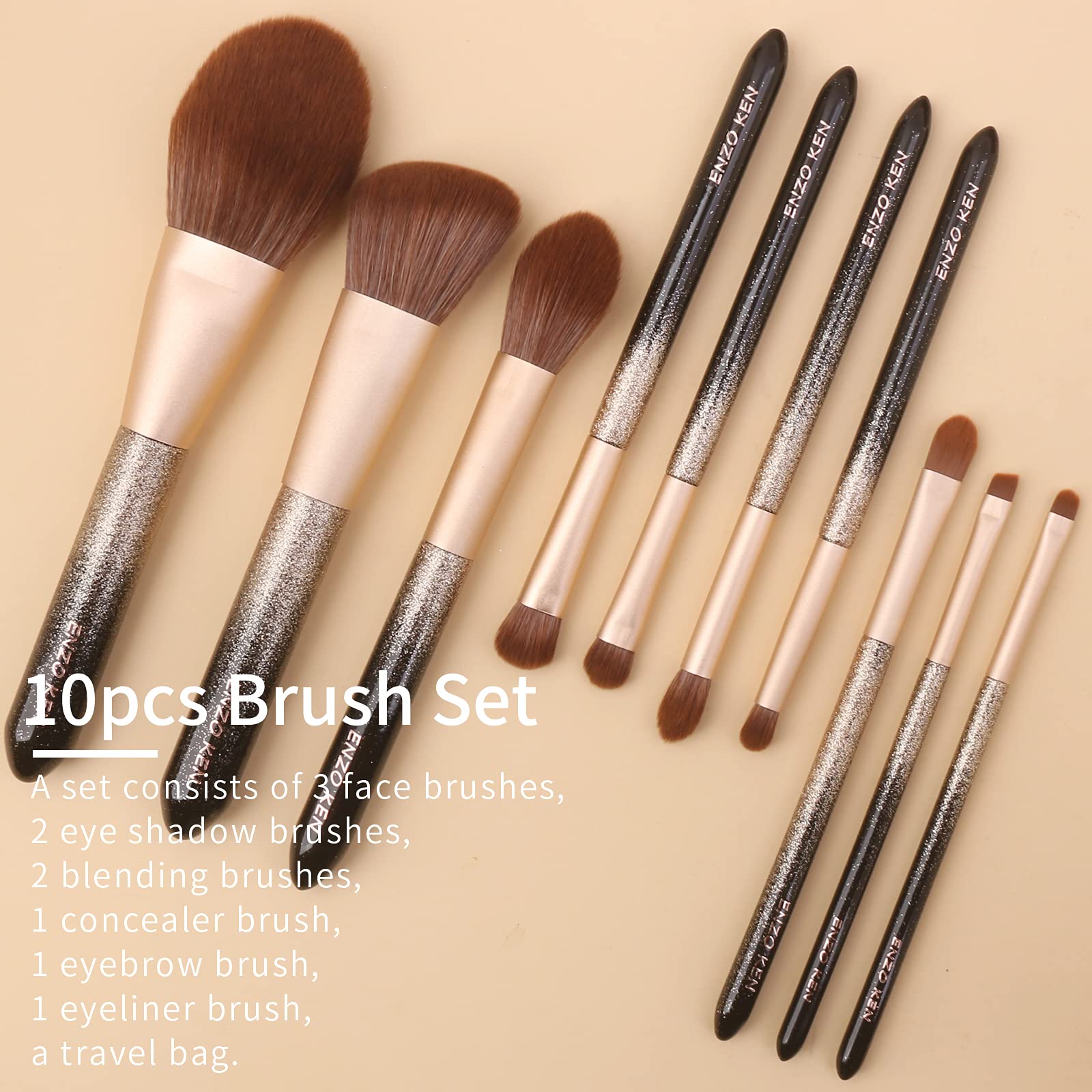 ENZO KEN Natural Hair Makeup Brush Set Professional, Sable Makeup Brushes Set with Case, Natural Hair Brushes Makeup Set, Glitter Make up Brushes Set Professional, Natural Makeup Brushes - ORRA, Black