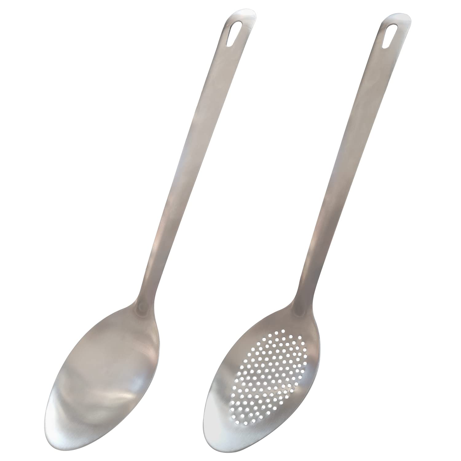 IOCBYHZ Cooking Spoon Set, 2Pcs 14.7" Stainless Steel Large Serving Spoons, Solid Spoon & Slotted Spoon for Restaurant, Large Metal Tablespoon, Basting Spoon Perforated Spoon Metal Kitchen Utensils