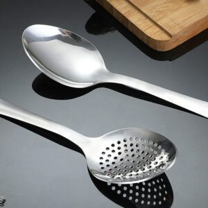 IOCBYHZ Cooking Spoon Set, 2Pcs 14.7" Stainless Steel Large Serving Spoons, Solid Spoon & Slotted Spoon for Restaurant, Large Metal Tablespoon, Basting Spoon Perforated Spoon Metal Kitchen Utensils