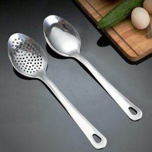 IOCBYHZ Cooking Spoon Set, 2Pcs 14.7" Stainless Steel Large Serving Spoons, Solid Spoon & Slotted Spoon for Restaurant, Large Metal Tablespoon, Basting Spoon Perforated Spoon Metal Kitchen Utensils