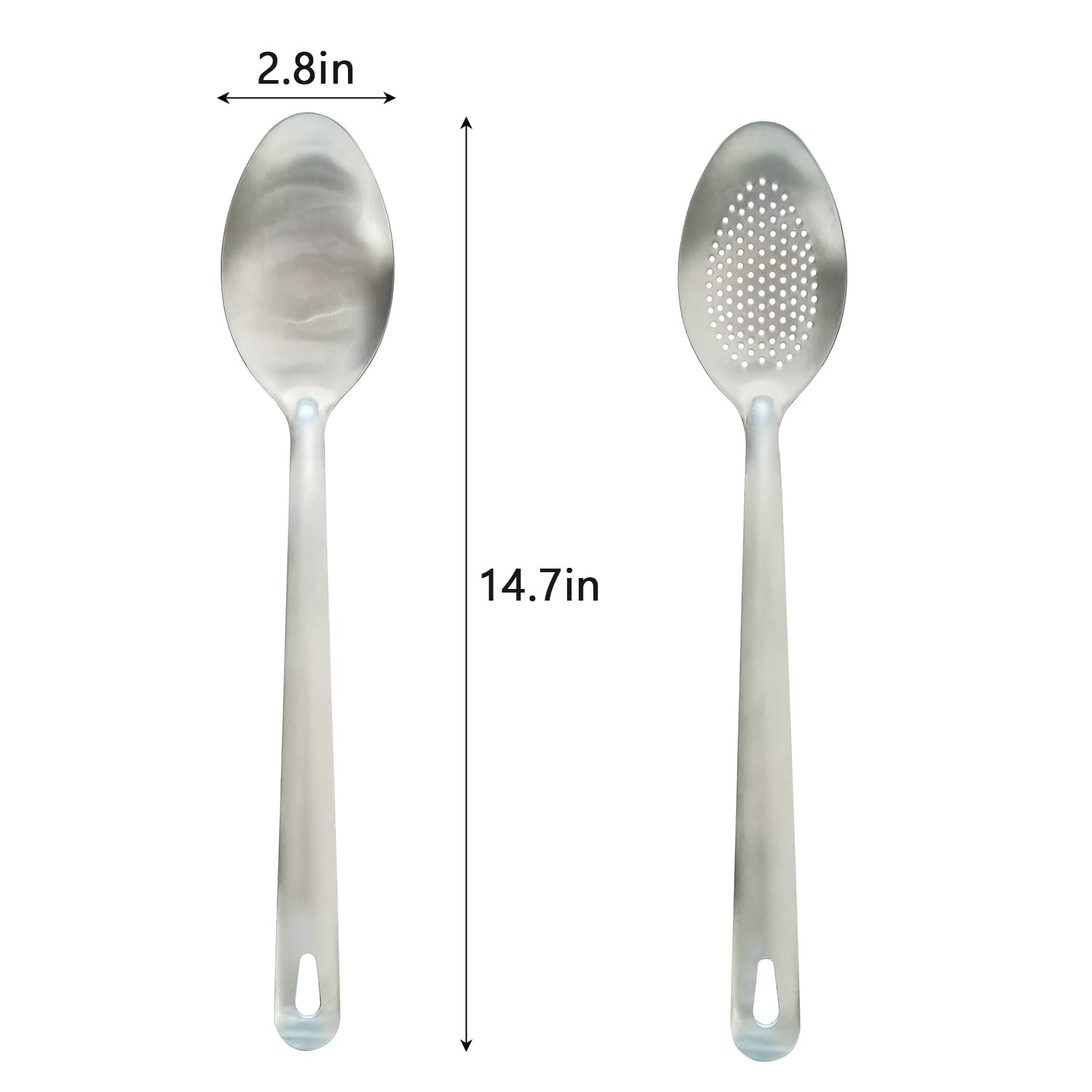 IOCBYHZ Cooking Spoon Set, 2Pcs 14.7" Stainless Steel Large Serving Spoons, Solid Spoon & Slotted Spoon for Restaurant, Large Metal Tablespoon, Basting Spoon Perforated Spoon Metal Kitchen Utensils