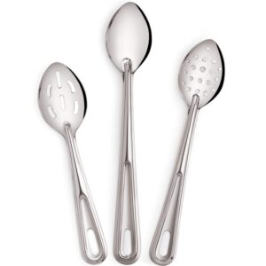 Premium 3 Piece Stainless Steel Baking & Basting Spoon Set, Includes 15" Solid Spoon, 13" Perforated Spoon, 11" Slotted Spoon - Heavy Gauge Durability - Modern Mirror Finish Flatware