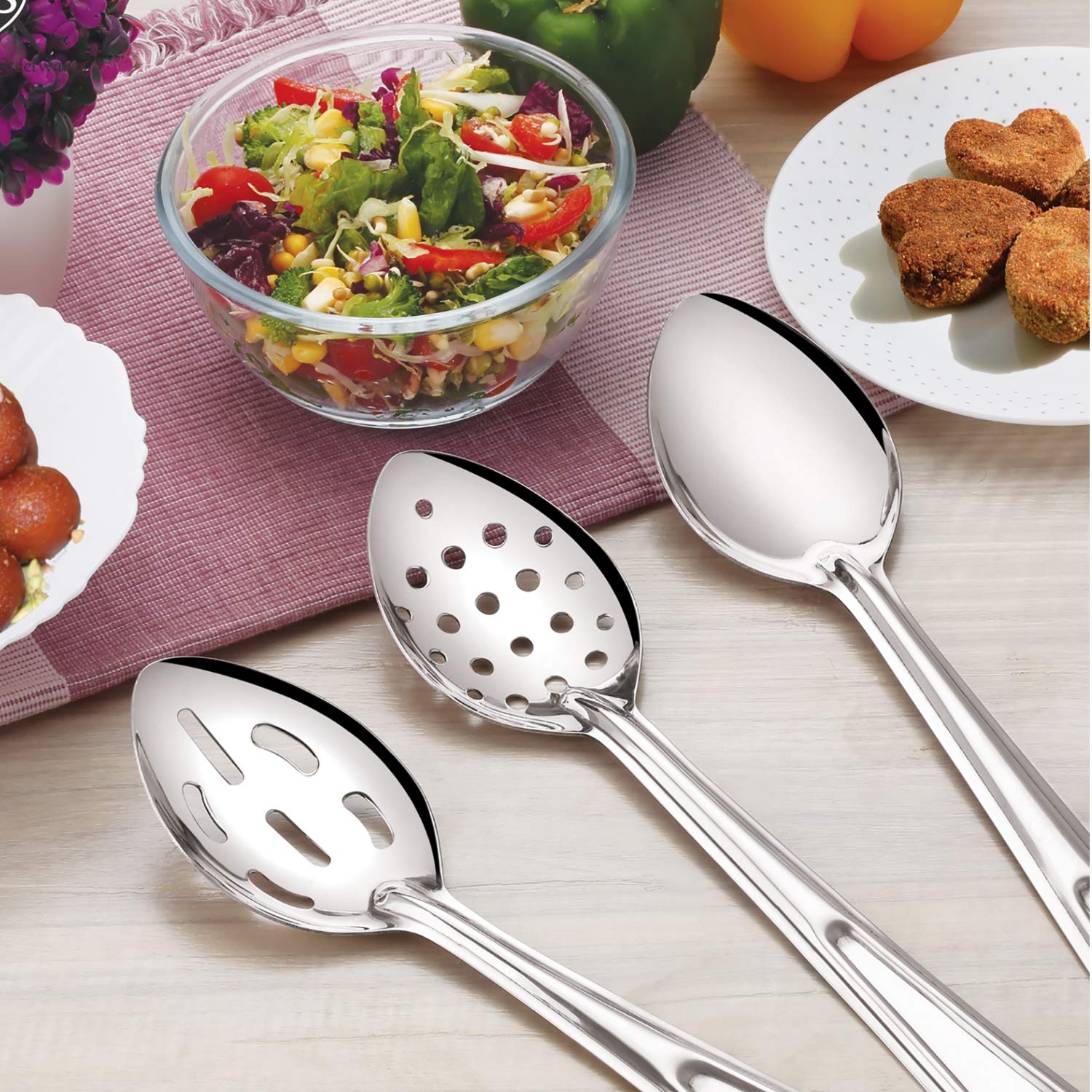 Premium 3 Piece Stainless Steel Baking & Basting Spoon Set, Includes 15" Solid Spoon, 13" Perforated Spoon, 11" Slotted Spoon - Heavy Gauge Durability - Modern Mirror Finish Flatware