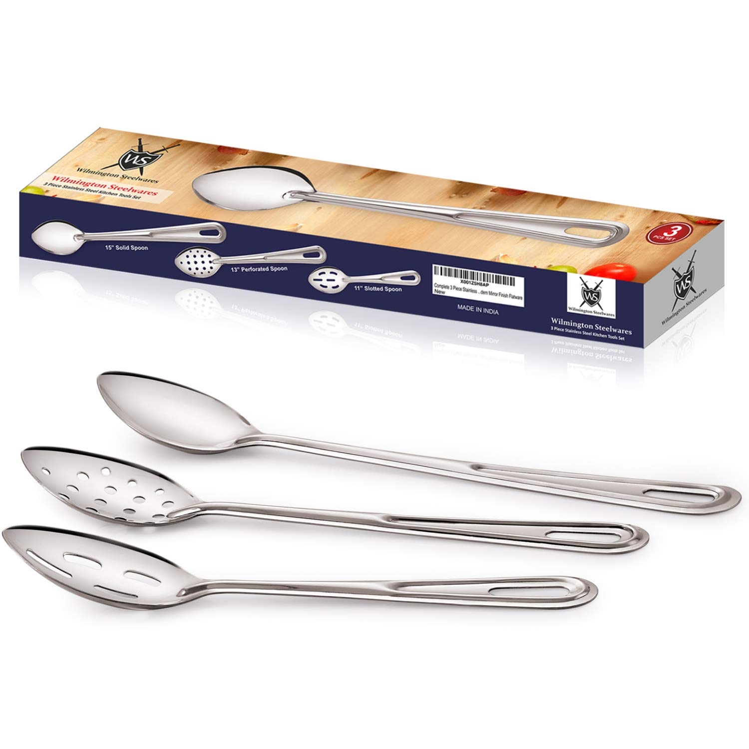 Premium 3 Piece Stainless Steel Baking & Basting Spoon Set, Includes 15" Solid Spoon, 13" Perforated Spoon, 11" Slotted Spoon - Heavy Gauge Durability - Modern Mirror Finish Flatware