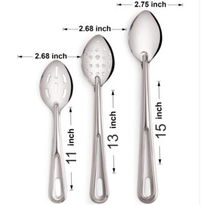 Premium 3 Piece Stainless Steel Baking & Basting Spoon Set, Includes 15" Solid Spoon, 13" Perforated Spoon, 11" Slotted Spoon - Heavy Gauge Durability - Modern Mirror Finish Flatware