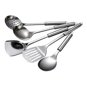 stainless steel kitchen utensils set 5 pcs all metal cooking tools with solid spoon, wok spatula, slotted spatula, soup , spoon, spaghetti server