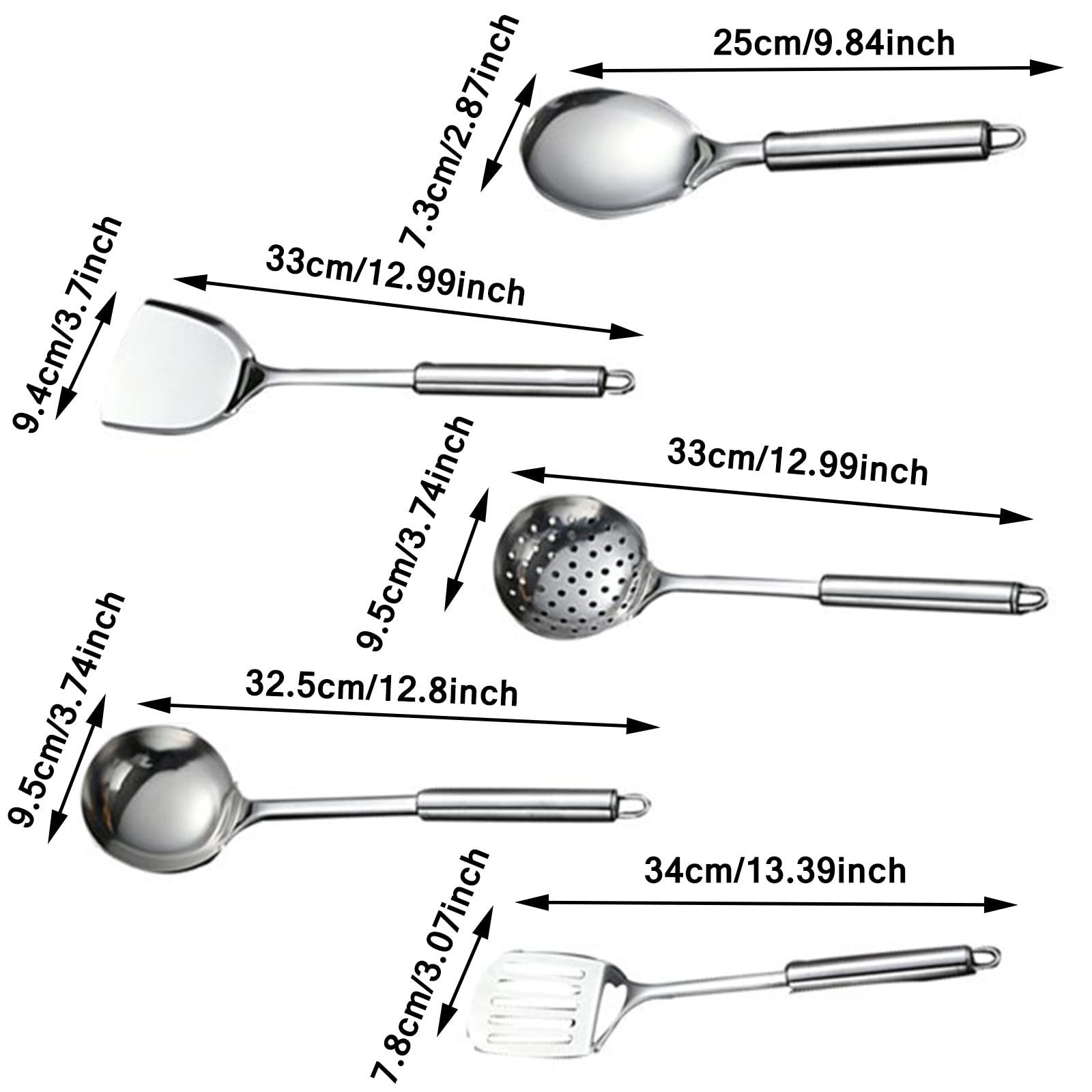 Stainless Steel Kitchen Utensils Set 5 Pcs All Metal Cooking Tools with Solid Spoon, Wok Spatula, Slotted Spatula, Soup , Spoon, Spaghetti Server