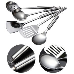 Stainless Steel Kitchen Utensils Set 5 Pcs All Metal Cooking Tools with Solid Spoon, Wok Spatula, Slotted Spatula, Soup , Spoon, Spaghetti Server