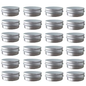 24 pack (2 oz/60ml) screw top round aluminum tin cans, metal tin storage jar containers with screw cap for lip balm, cosmetic, candles, salve, make up, eye shadow, powder, tea