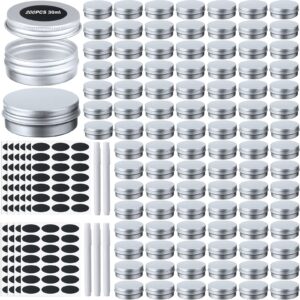 Zubebe 200 Pack Metal Tins Aluminum Containers with Lids Screw Top Round Tin Cans for Cosmetic Lip Balm DIY Salves Candles Wax with 5 Markers 10 Sheets Label Stickers (1 oz, Silver)