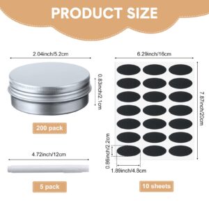 Zubebe 200 Pack Metal Tins Aluminum Containers with Lids Screw Top Round Tin Cans for Cosmetic Lip Balm DIY Salves Candles Wax with 5 Markers 10 Sheets Label Stickers (1 oz, Silver)