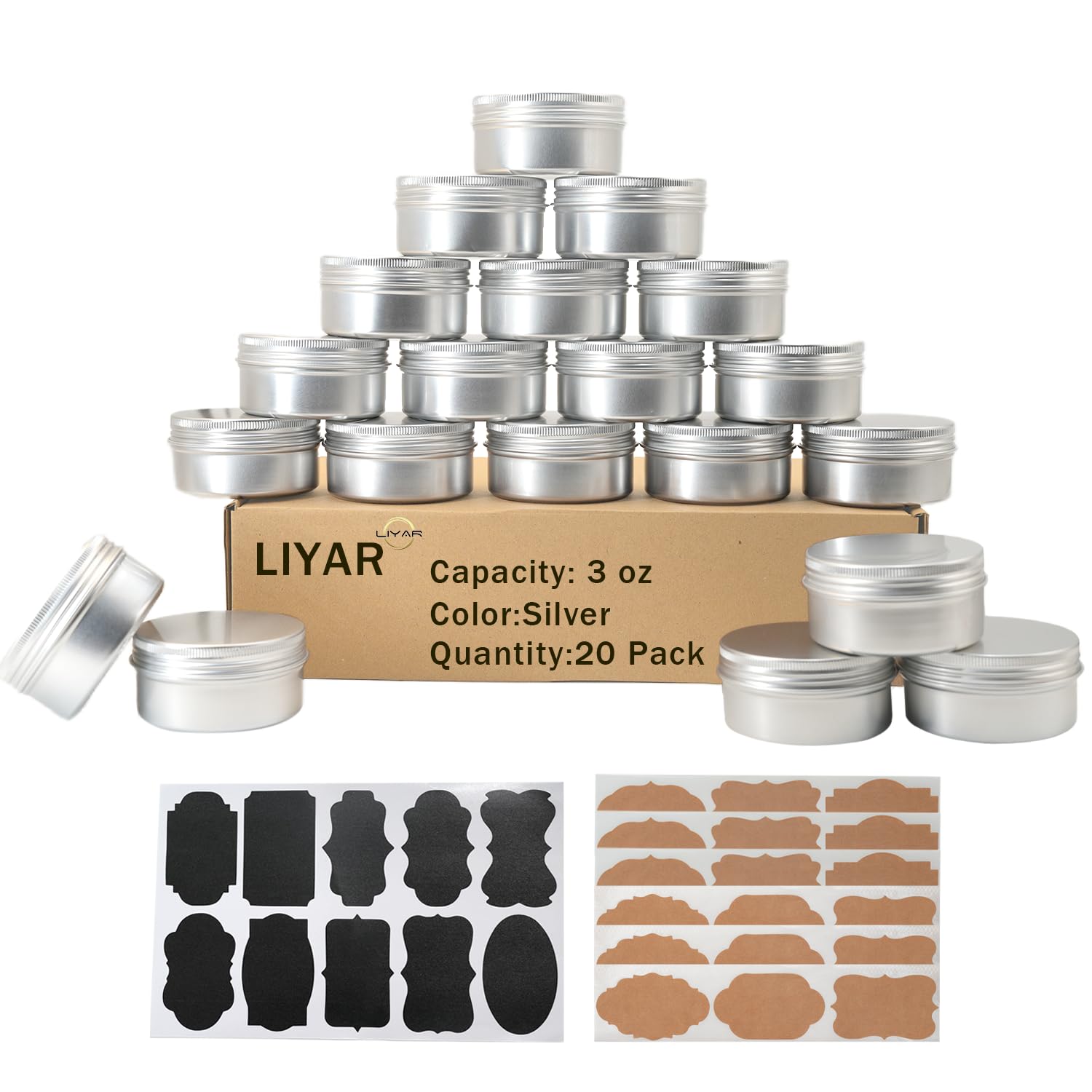 LIYAR 3oz Tins Aluminum Tin Can 20 Pack Metal Tin Salve Tins 3 oz Tins with Lids Refillable Containers With Screw Top and Labels for Salve,Candle,Spices or Balms(Silver)