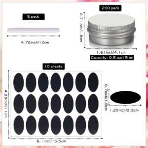 Zubebe 200 Pack Metal Tins Aluminum Containers with Lids Screw Top Round Tin Cans for Cosmetic Lip Balm DIY Salves Candles Wax with 5 Markers 10 Sheets Label Stickers (0.5 oz, Silver)