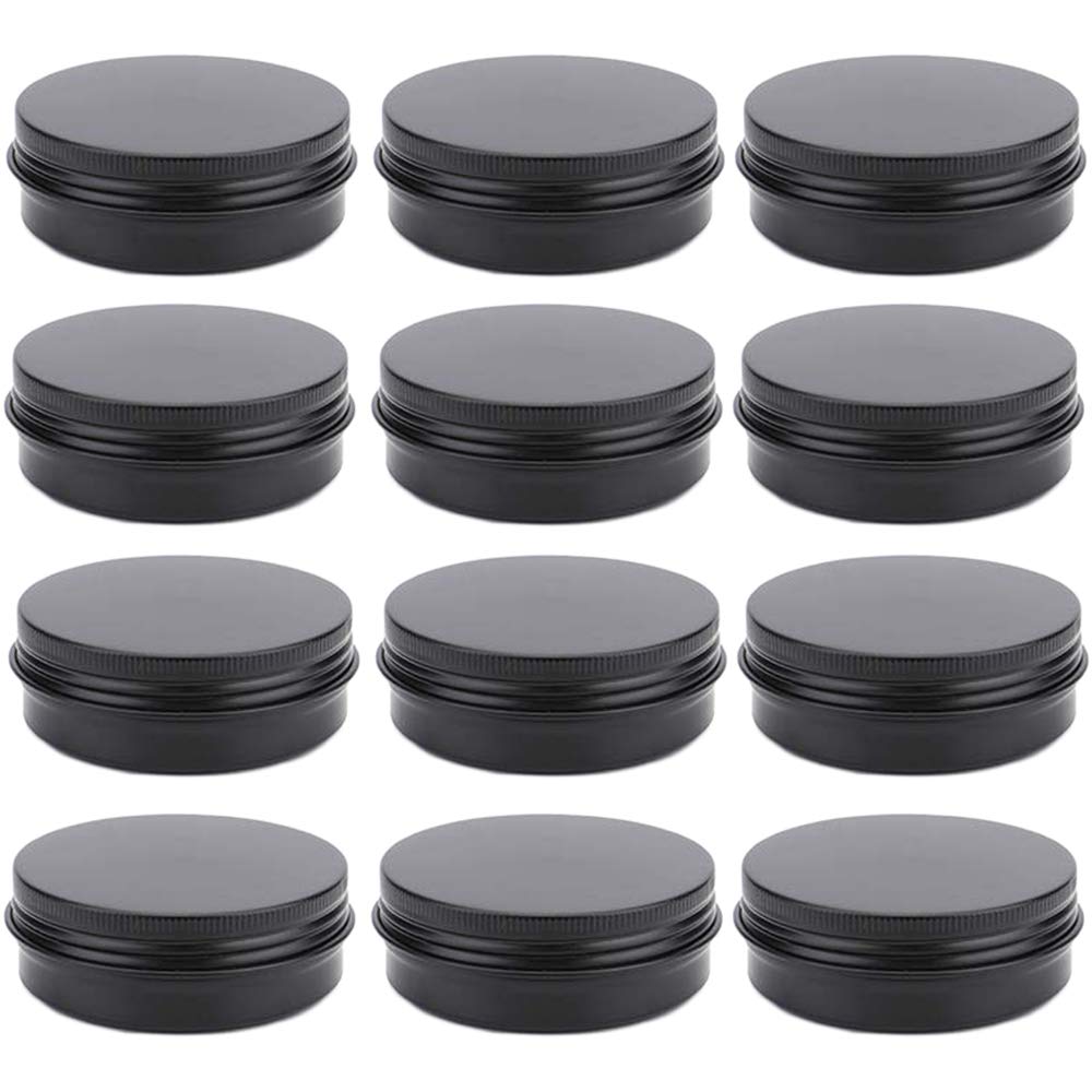 12 Pack 2 oz Aluminum Tin Jar 60 ml Round Refillable Containers,Black Aluminum Cosmetic Sample Containers with Screw Lid for Spice,Salve,Powder or Candies