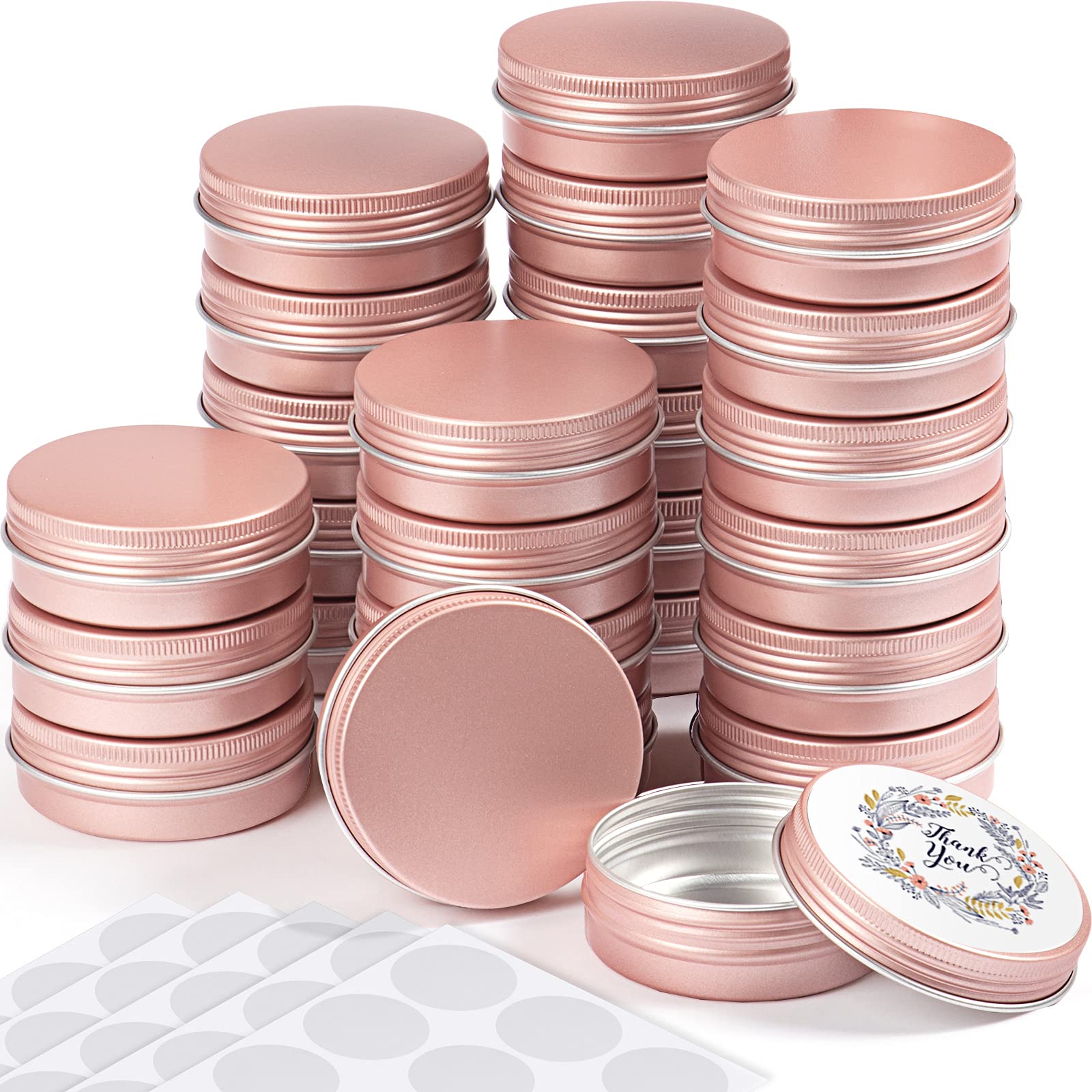 2 oz Metal Round Tins Aluminum Tin Cans Salve Tins Containers with Screw Lid 10 Sheets Stickers for Salve Spice Candies Balms Candles (Rose Gold)