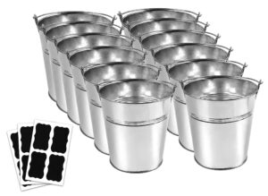 12 metal buckets with chalkboard stickers, small galvanized pail for party and wedding, 5 inch tin buckets, garden planters, (tie tong)