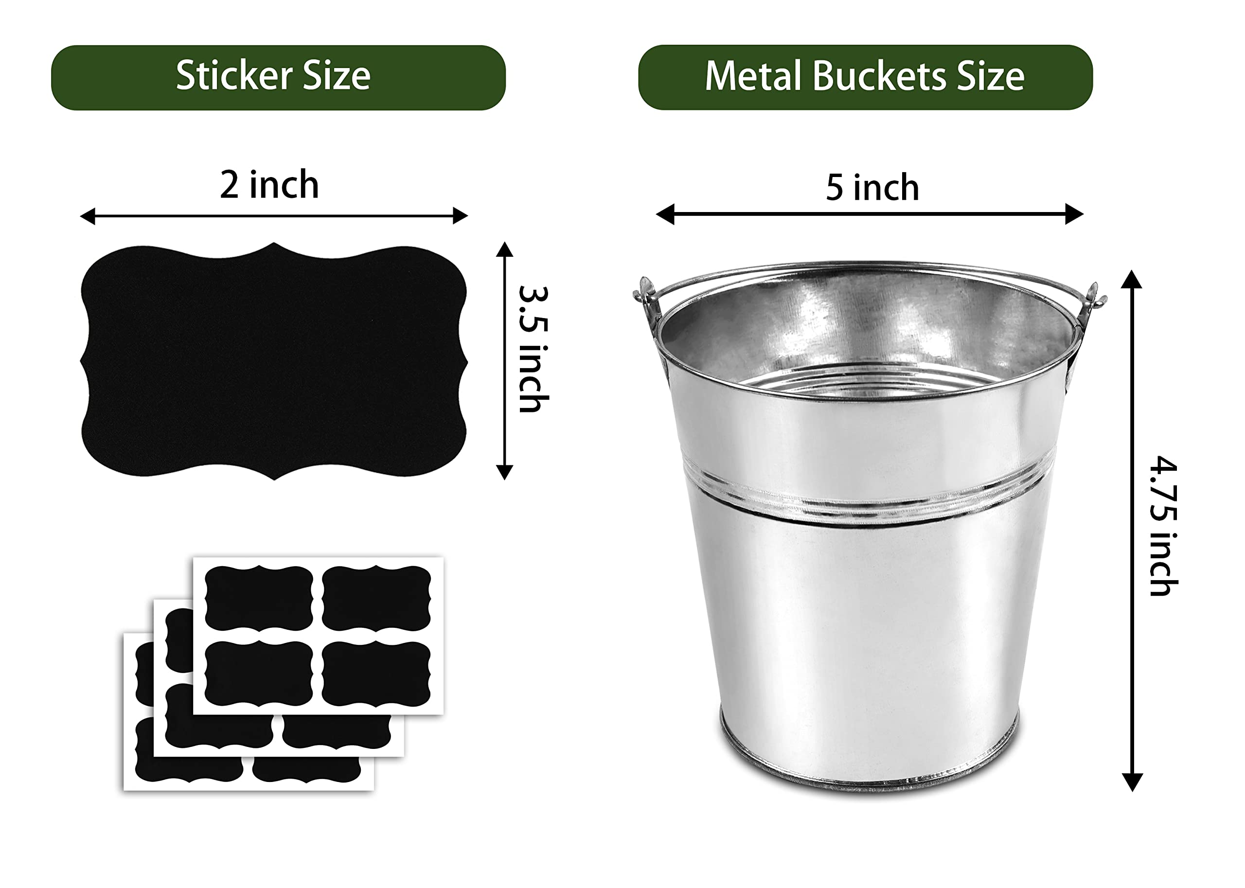 12 Metal Buckets with Chalkboard Stickers, Small Galvanized Pail for Party and Wedding, 5 Inch Tin Buckets, Garden Planters, (tie tong)