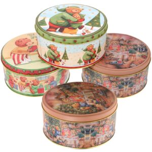doitool 4 pcs vintage round christmas cookie tins- small metal cookie tins with lids for gift giving- decorative christmas storage containers for storing candies biscuits treat gift （random style）