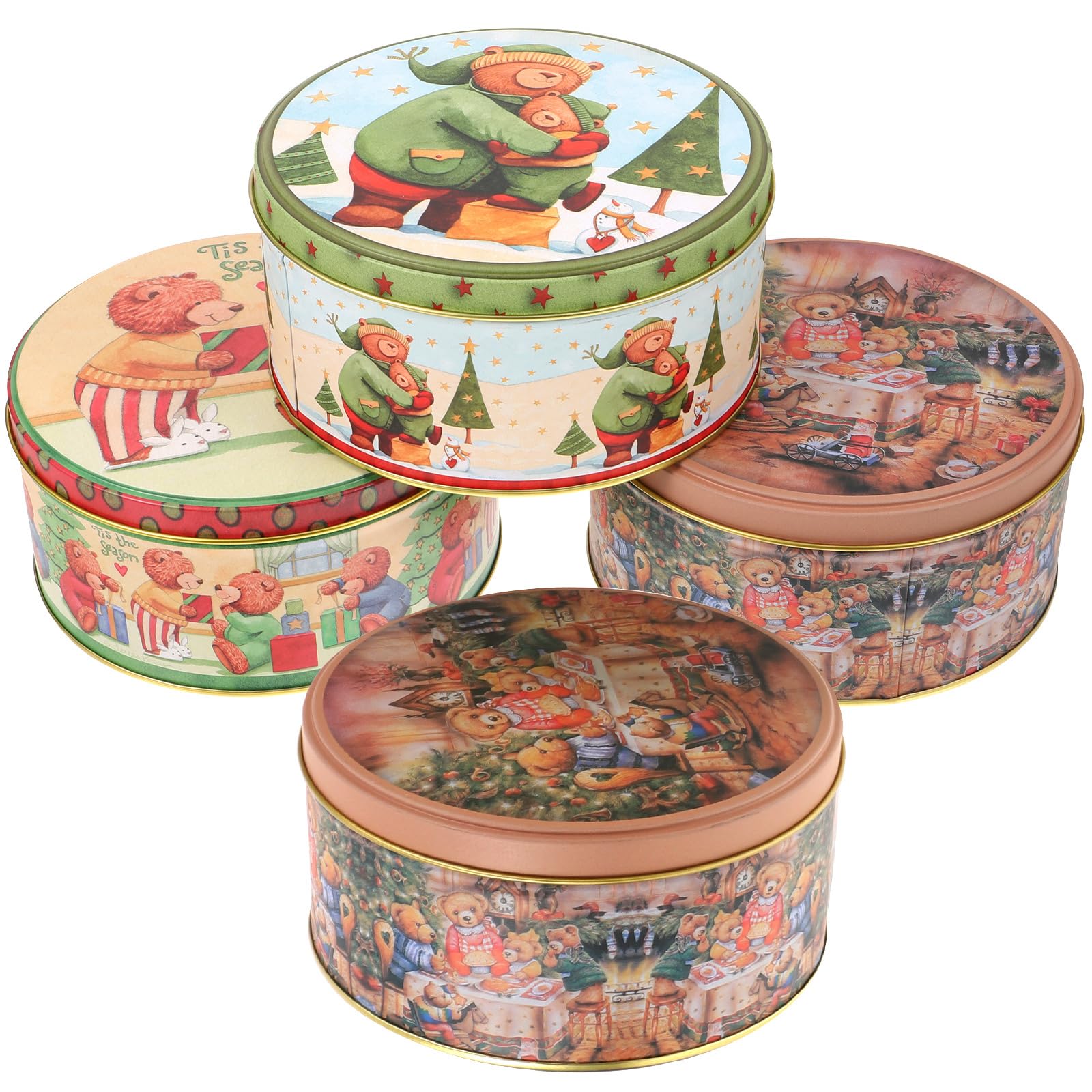 DOITOOL 4 Pcs Vintage Round Christmas Cookie Tins- Small Metal Cookie Tins with Lids for Gift Giving- Decorative Christmas Storage Containers for Storing Candies Biscuits Treat Gift （Random Style）