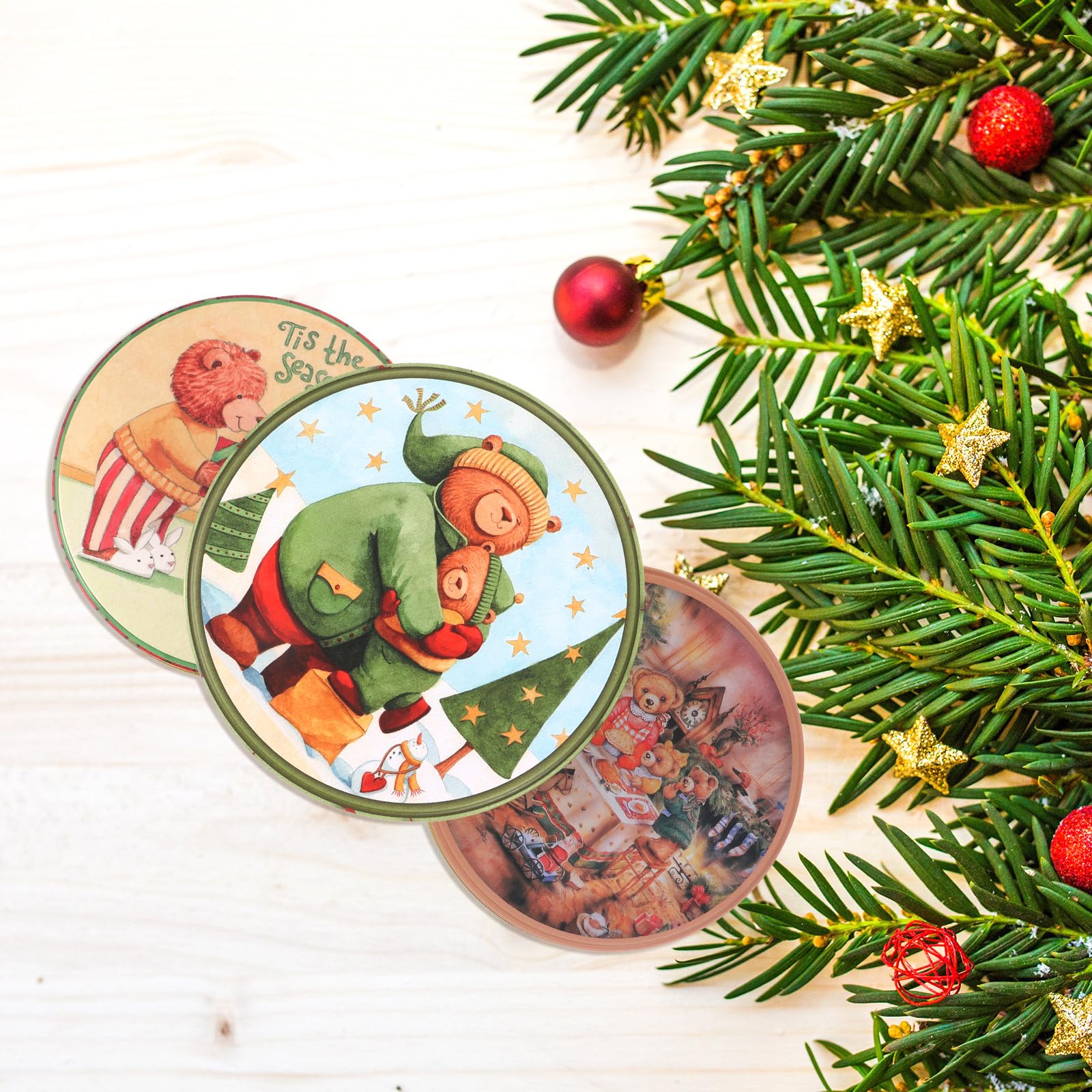 DOITOOL 4 Pcs Vintage Round Christmas Cookie Tins- Small Metal Cookie Tins with Lids for Gift Giving- Decorative Christmas Storage Containers for Storing Candies Biscuits Treat Gift （Random Style）