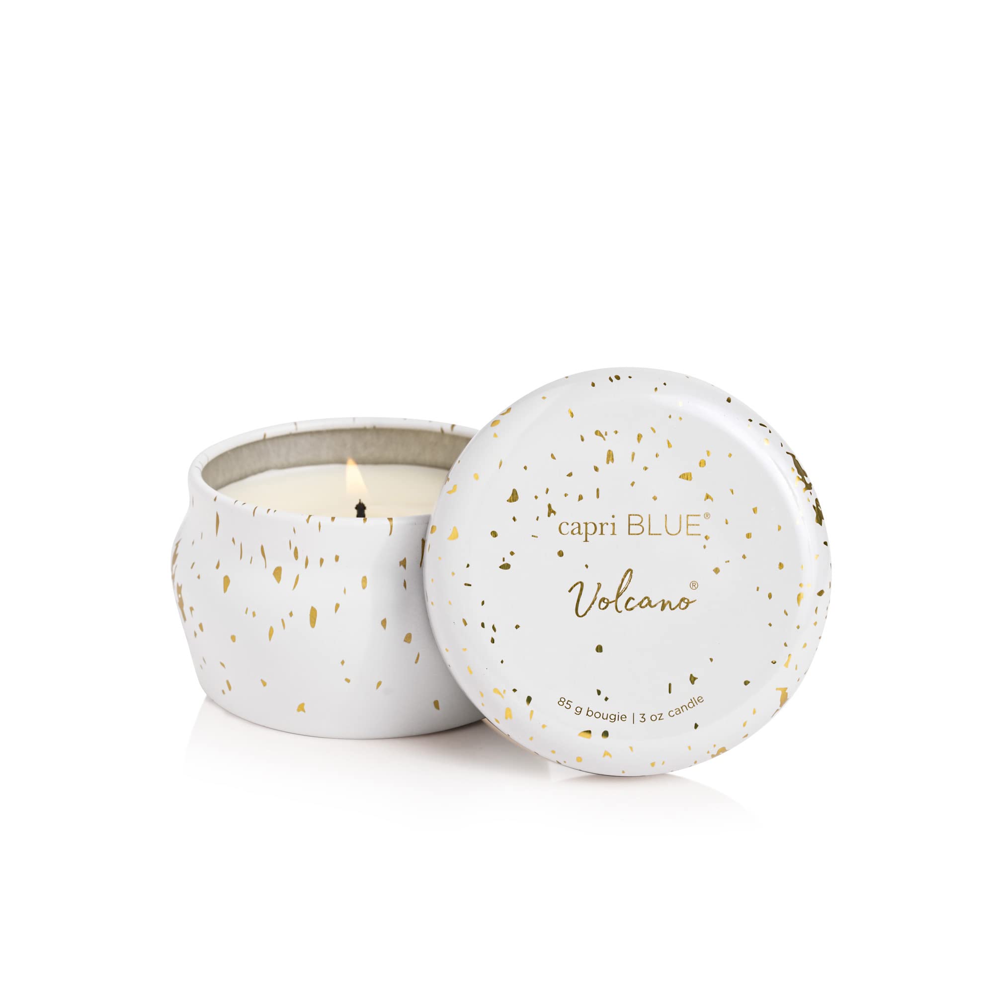 Capri Blue Glimmer Mini Tin - Volcano Scented Candle with Mini Tin Candle Holder - Luxury Aromatherapy Candle - 3 Oz - White and Gold