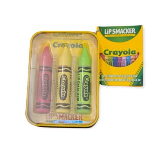 lip smacker crayola crayon 3-piece lip balm tin razzmatzz, banana mania, and granny smith apple