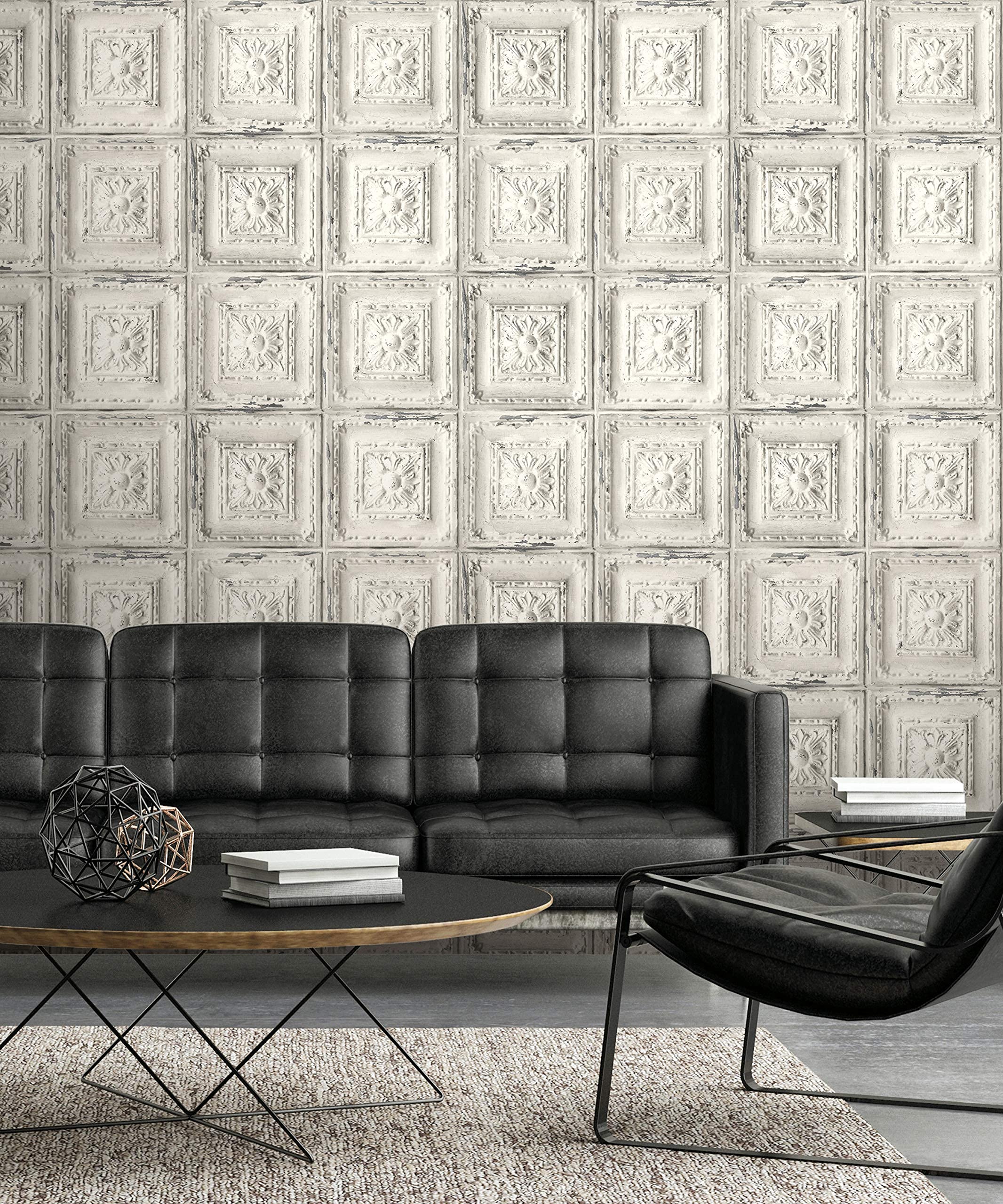 NextWall Distressed Faux Tin Tile Peel and Stick Wallpaper