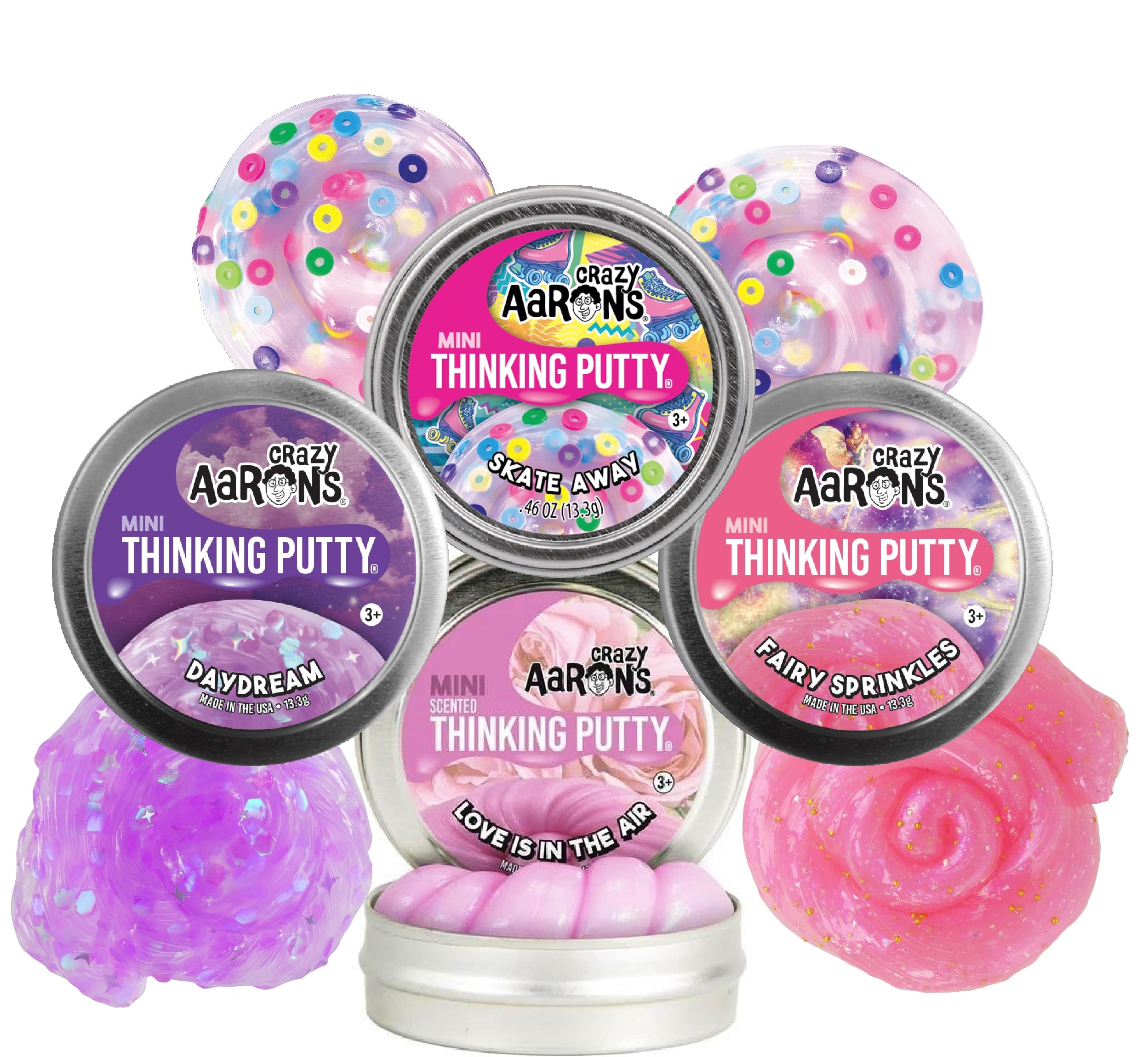 Crazy Aaron's Putty Mini Tins Daydream, Skate Away, Fairy Sprinkles & Love is in The Air Gift Set Bundle - 4 Pack (13.3g each)