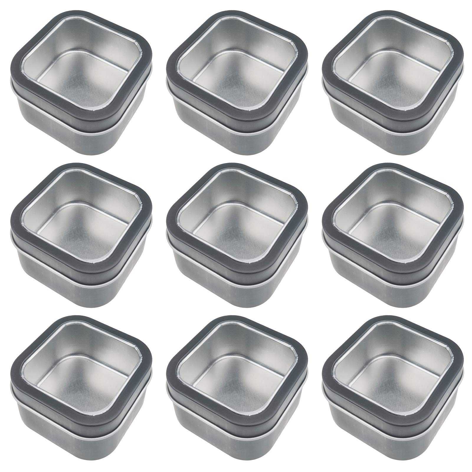 9-Pack 4oz Empty Square Metal Tins with Clear Window for Candle Making, Candies, Gifts & Treasures, Black