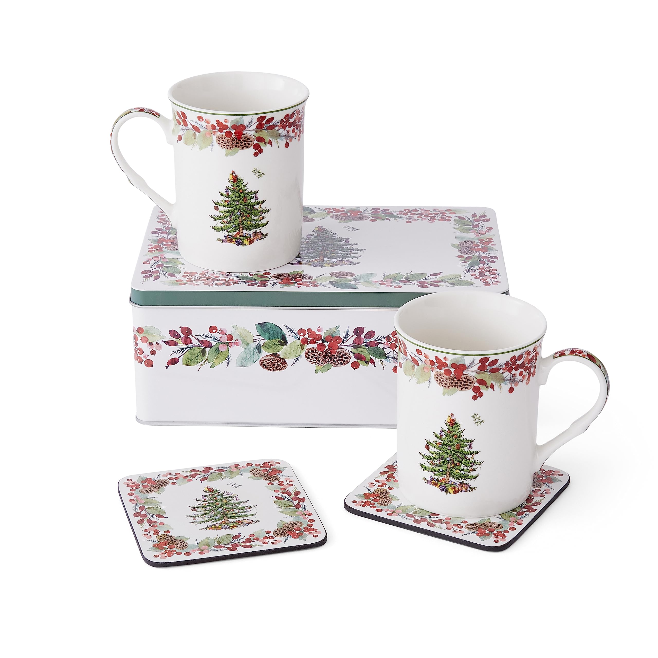 Spode Christmas Tree 2023 Annual 5 Piece Mug and Coaster Set with Tin Gift Box - Festive Holiday Gift Set for Coffee and Tea - Porcelain Mugs and Cork-Backed Coasters - Dishwasher Safe