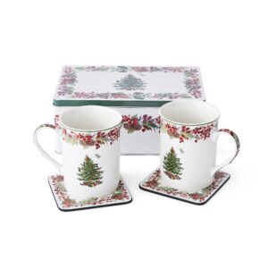 Spode Christmas Tree 2023 Annual 5 Piece Mug and Coaster Set with Tin Gift Box - Festive Holiday Gift Set for Coffee and Tea - Porcelain Mugs and Cork-Backed Coasters - Dishwasher Safe