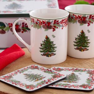 Spode Christmas Tree 2023 Annual 5 Piece Mug and Coaster Set with Tin Gift Box - Festive Holiday Gift Set for Coffee and Tea - Porcelain Mugs and Cork-Backed Coasters - Dishwasher Safe