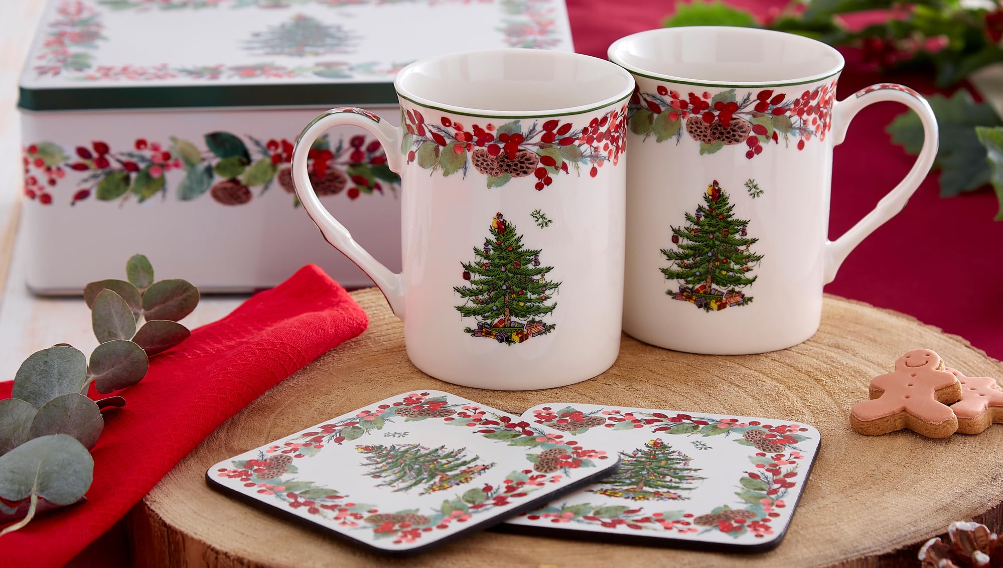 Spode Christmas Tree 2023 Annual 5 Piece Mug and Coaster Set with Tin Gift Box - Festive Holiday Gift Set for Coffee and Tea - Porcelain Mugs and Cork-Backed Coasters - Dishwasher Safe