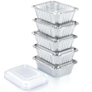 spare essentials 1 lb aluminum pans with lids (55 pack) disposable baking foil containers, takeout food storage, freezer - mini foil pans with clear lids for restaurants & catering - size 5.5x4.5x1.9