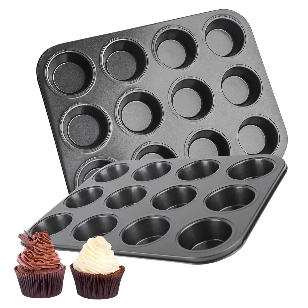 Doubay 12 Cup Muffin Pan - Nonstick Muffin Tins & Cupcake Pans for Baking - Superior Carbon Steel Coating - Safe to Use in 450F Oven - Ideal for Brownies, Cakes, Quiche - Dishwasher Safe