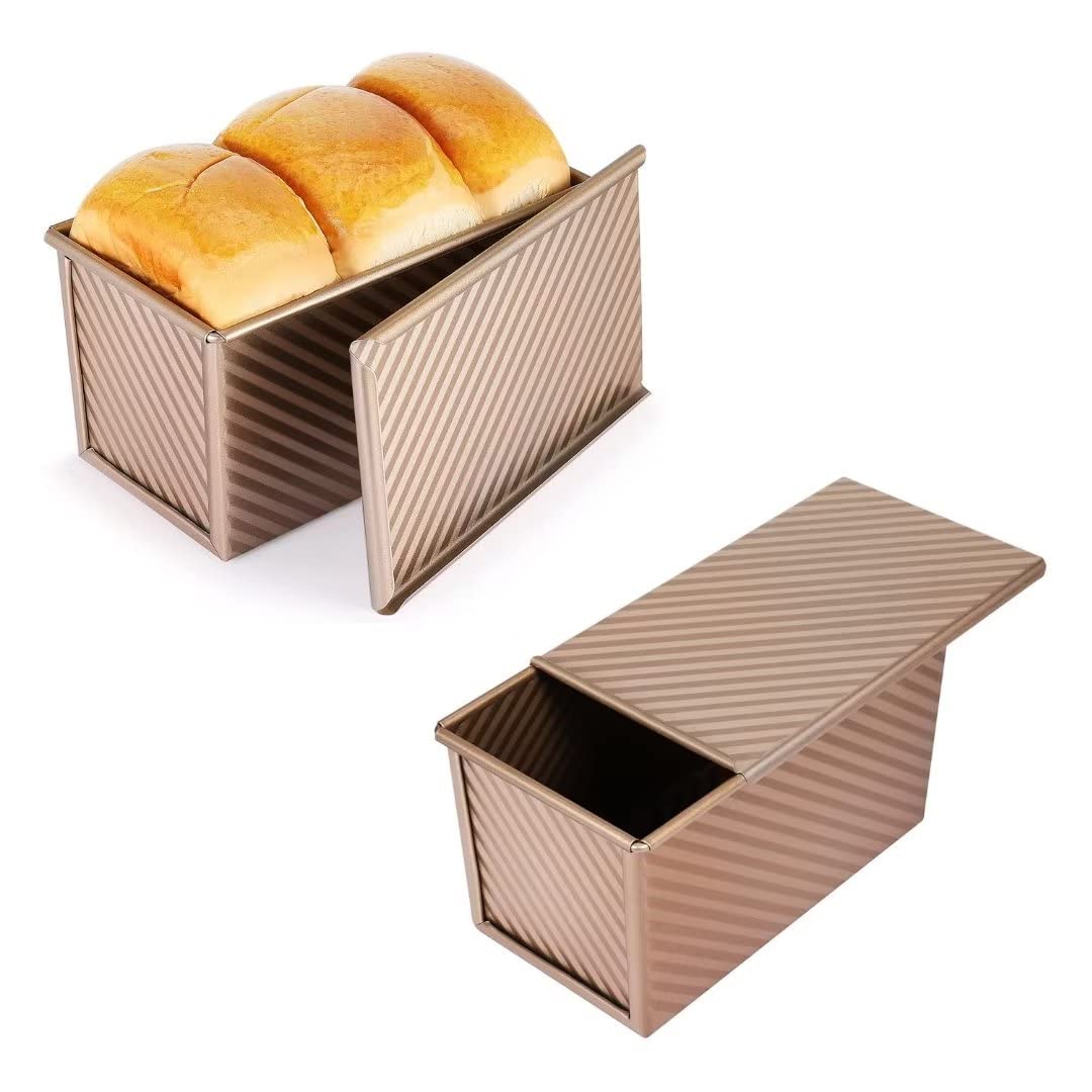 SNXDBH 2 pack Loaf Pan with Lid, 1 lb Non-Stick Bread Toast Mold, Carbon Steel Corrugated Bread Toast Box Mold for Baking Bread Pan Bread Tin for Homemade Cakes, Breads and Meatloaf(Champagne Gold)