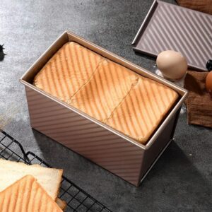 SNXDBH 2 pack Loaf Pan with Lid, 1 lb Non-Stick Bread Toast Mold, Carbon Steel Corrugated Bread Toast Box Mold for Baking Bread Pan Bread Tin for Homemade Cakes, Breads and Meatloaf(Champagne Gold)