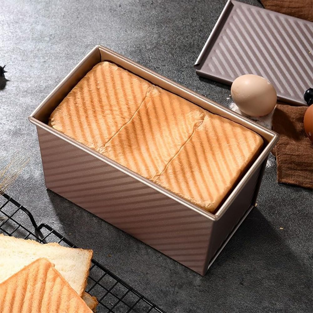 SNXDBH 2 pack Loaf Pan with Lid, 1 lb Non-Stick Bread Toast Mold, Carbon Steel Corrugated Bread Toast Box Mold for Baking Bread Pan Bread Tin for Homemade Cakes, Breads and Meatloaf(Champagne Gold)