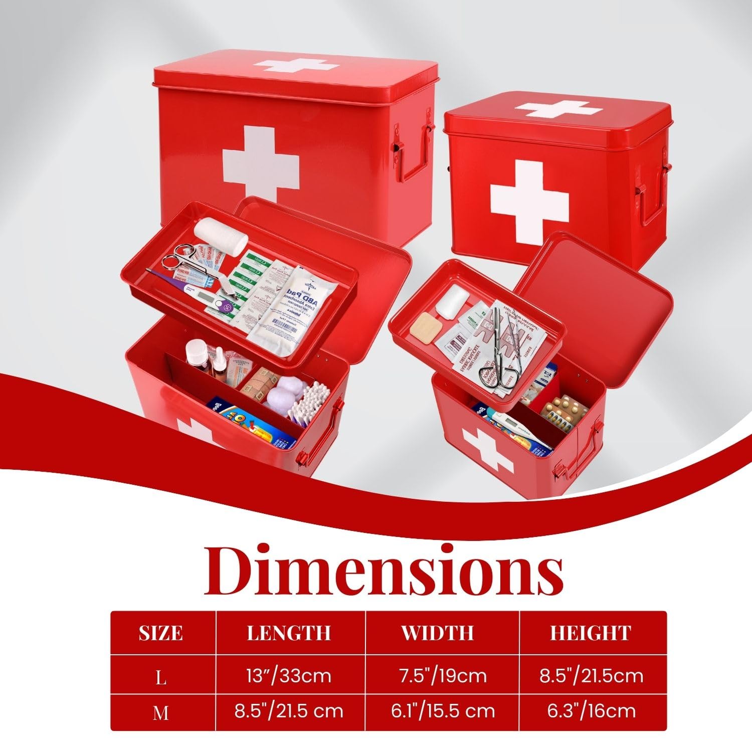 Flexzion First Aid Box Organizer, Empty 8.5 Inch Red Vintage First Aid Kit Tin Metal Medical Box First Aid Storage Box Container Bins with Dividers, Removable Tray and Cross Logo